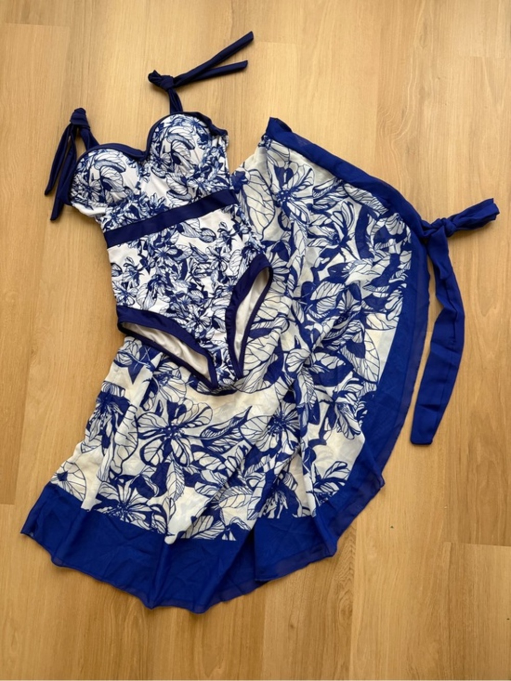 Blue & White Floral One Piece Swimsuit with Cover-Up Skirt Set
